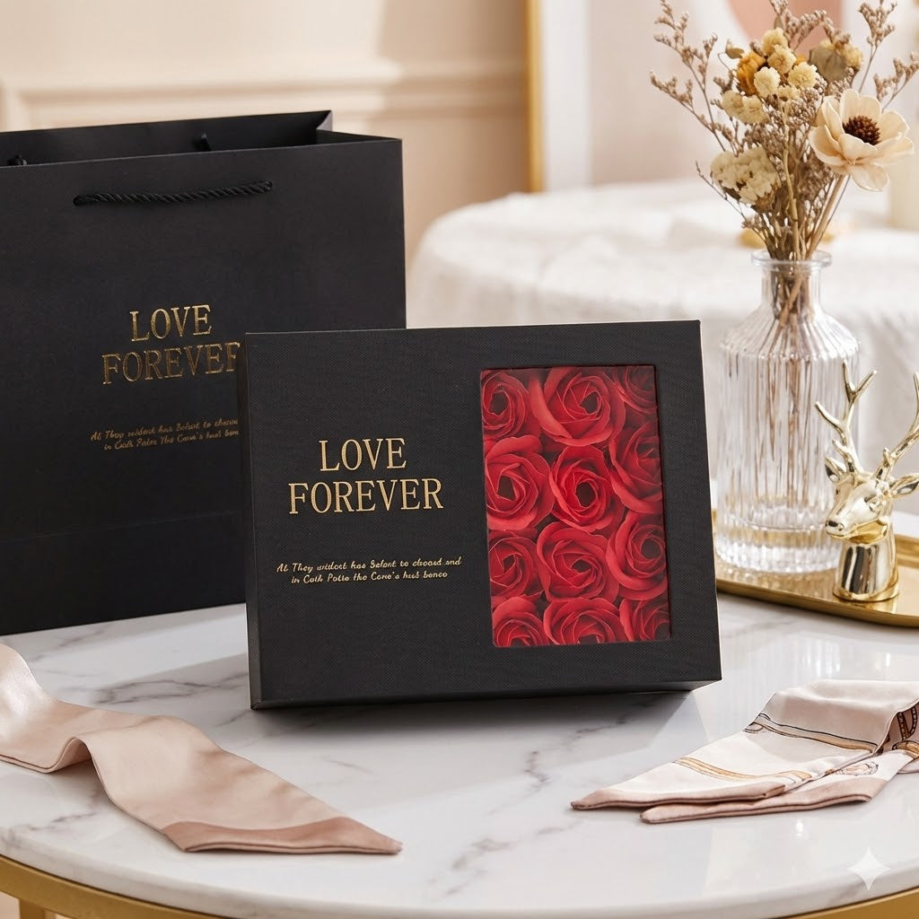 BloomBox™ – Elegante Valentinstag Geschenkbox mit 12 Seifenrosen, Spiegel & Schmuck-/Lippenstiftfach