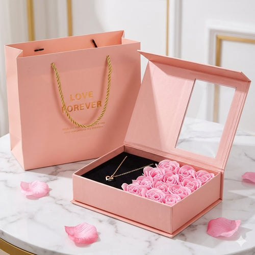 BloomBox™ – Elegante Valentinstag Geschenkbox mit 12 Seifenrosen, Spiegel & Schmuck-/Lippenstiftfach