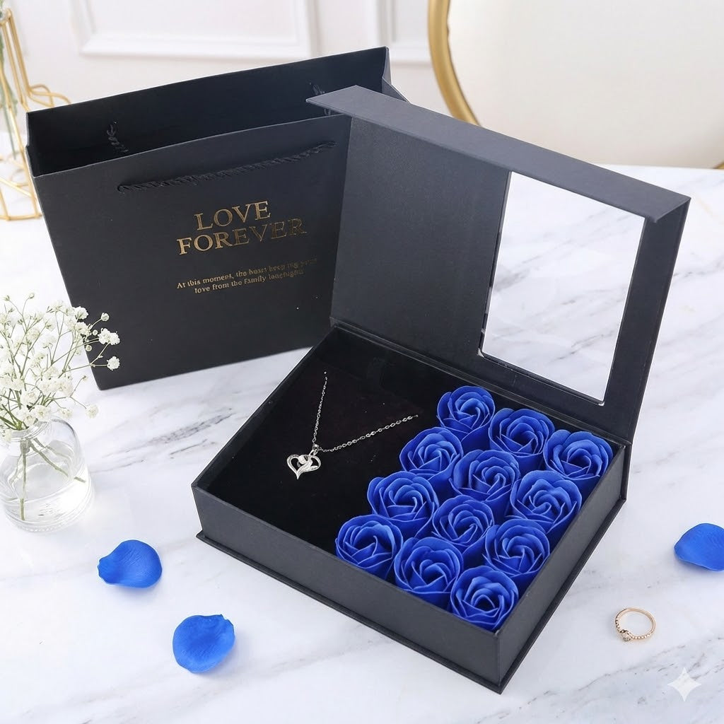 BloomBox™ – Elegante Valentinstag Geschenkbox mit 12 Seifenrosen, Spiegel & Schmuck-/Lippenstiftfach