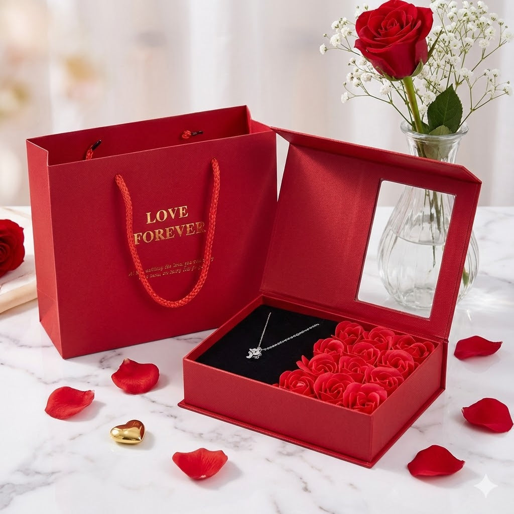 BloomBox™ – Elegante Valentinstag Geschenkbox mit 12 Seifenrosen, Spiegel & Schmuck-/Lippenstiftfach